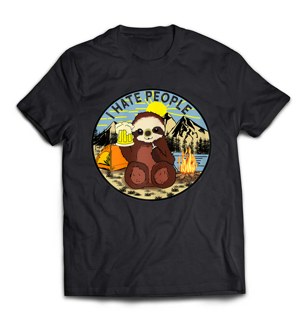 “I Hate People” Sloth Camping and Beer T-Shirt – Perfect for Introverted Campers Who Love a Laugh